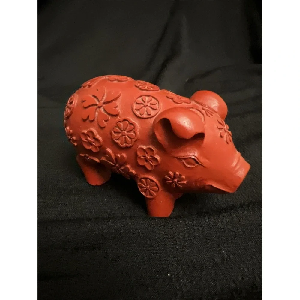 Red Little Pig Floral Carvings Cute Smile 2.25 In Tall X 3.25 Long